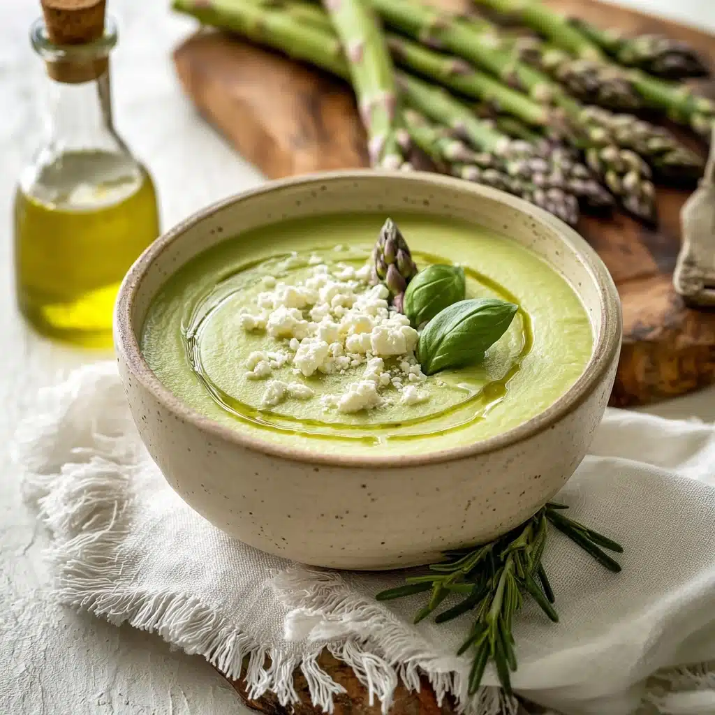Creamy Asparagus Soup with Green Herb Oil & Feta Recipe - Recipe Image