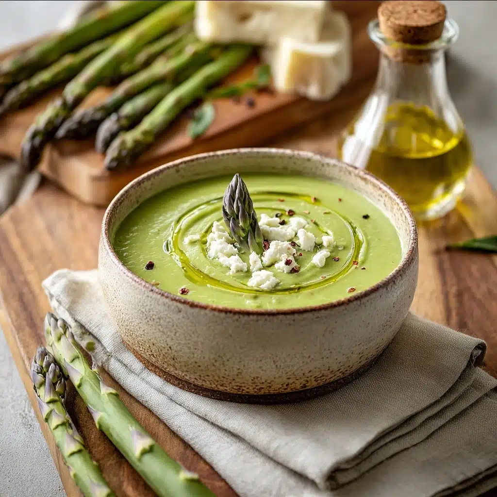 Creamy Asparagus Soup with Green Herb Oil & Feta Recipe - Recipe Image