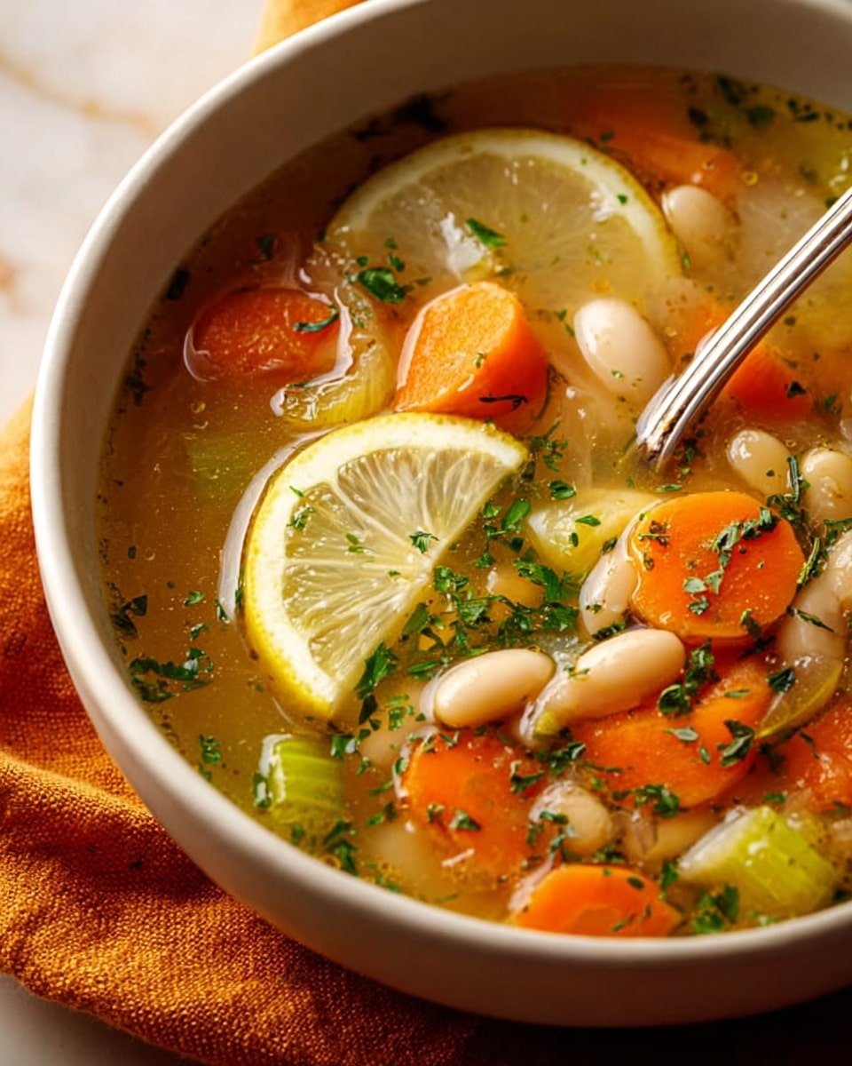 A close-up view of a bowl of clear vegetable soup in a white bowl, filled with orange carrot slices, chopped light green celery, and white beans, all floating in a golden broth sprinkled with small chopped green herbs. On the surface, there is a thin round lemon slice adding a bright yellow layer on top. A silver spoon rests inside the bowl, immersed in the soup. The bowl is placed on a soft, textured orange cloth, with a white marbled surface barely visible around it. photo taken with an iphone --ar 4:5 --v 7