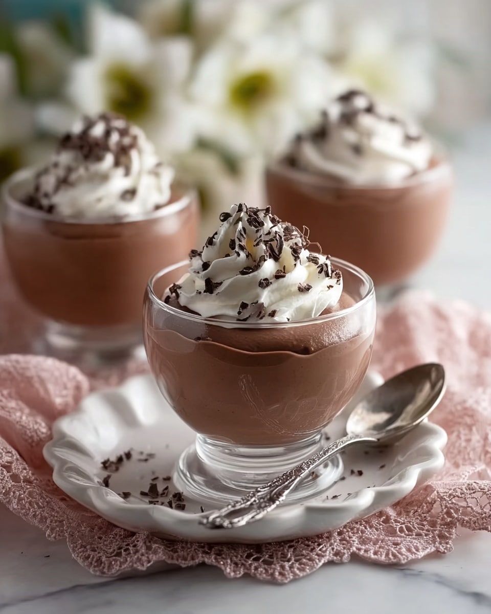 The image shows three glass dessert cups filled with smooth, brown chocolate mousse, each cup topped with a swirl of white whipped cream and sprinkled with small dark chocolate shavings. The dessert cups sit on a white scalloped plate placed over a soft pink cloth with a delicate lace pattern, all set on a white marbled surface. A silver spoon with an ornate handle lies on the plate next to the front dessert cup. In the background, soft-focus white flowers are visible, adding a light and airy feel to the composition. photo taken with an iphone --ar 4:5 --v 7