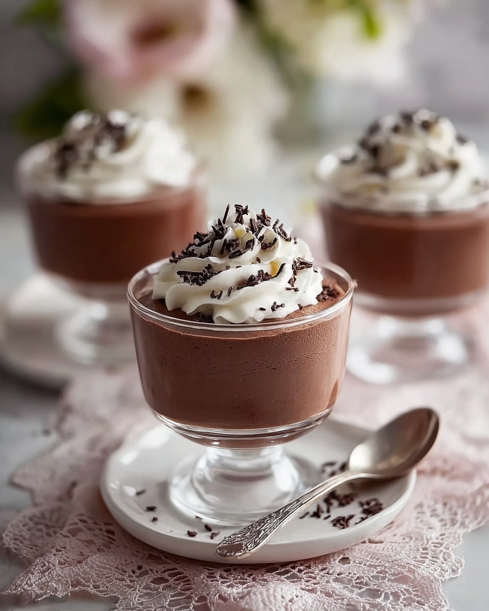 The image shows three glass dessert cups filled with smooth chocolate mousse. Each cup has two layers - a thick, dark brown chocolate mousse on the bottom and a swirl of white whipped cream on top. The whipped cream is decorated with small dark chocolate shavings. The front cup is placed on a white plate with a vintage silver spoon next to it, all set on a light pink lace cloth over a white marbled surface. The background is softly blurred, showing more dessert cups and soft floral shapes. photo taken with an iphone --ar 4:5 --v 7