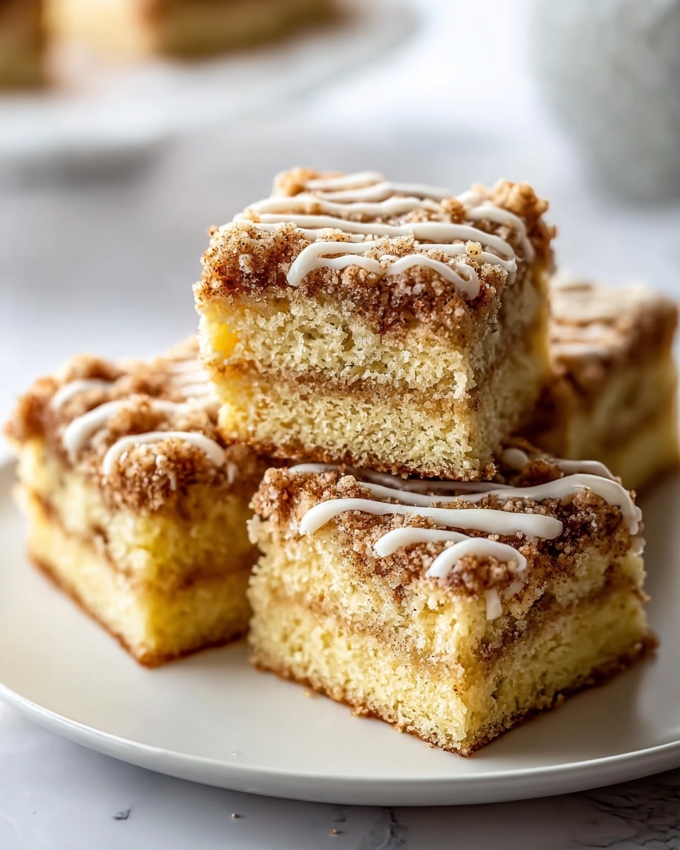 Four square pieces of crumb cake sit on a white plate, each piece showing two thick layers of soft, light yellow cake with a thin layer of cinnamon crumb filling in the middle. On top of each piece is a golden brown crumb layer with cinnamon specks, drizzled with white icing in thin lines. The texture on the top crumb layer looks crumbly and crunchy, while the cake layers appear moist and tender. The background is a soft white marbled texture, giving the shot a clean and bright look. photo taken with an iphone --ar 4:5 --v 7