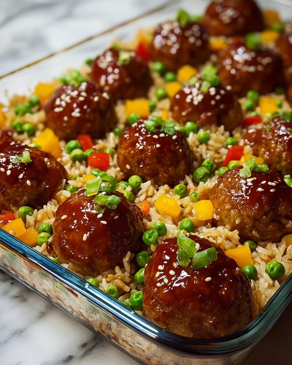 The image shows a clear rectangular glass baking dish filled with two main layers. The bottom layer consists of cooked rice mixed with small bright green peas and diced yellow and red bell peppers, giving it a colorful texture. On top, there are evenly spaced round meatballs covered in a shiny brown glaze with small white sesame seeds sprinkled on them. Each meatball is garnished with finely chopped green onions. The scene is set against a white marbled surface, and the focus is on the front meatballs, where the glossy texture and fresh ingredients stand out clearly. Photo taken with an iphone --ar 4:5 --v 7