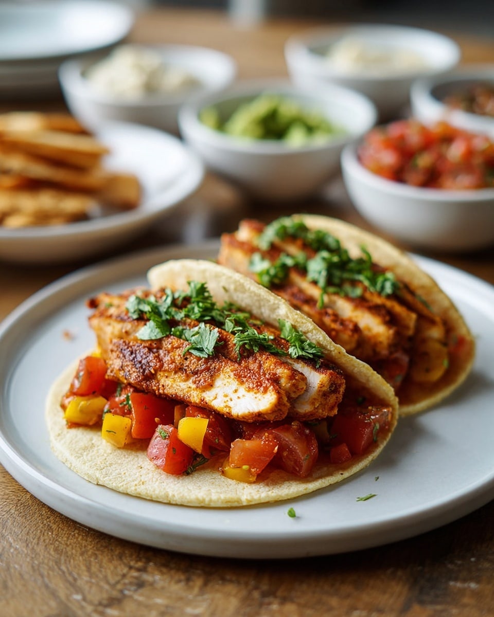 Two soft corn tortillas form the base layer on a round white plate, each filled with diced red and yellow tomatoes as the second layer. On top of the tomatoes, there is a thick piece of grilled chicken with a golden-brown crust, showing a slightly spicy seasoning. The final layer is a sprinkle of fresh green chopped cilantro over the chicken, adding a pop of color. The plate rests on a white marbled textured surface, while blurred sides dishes and dips in white bowls are visible in the background. photo taken with an iphone --ar 4:5 --v 7