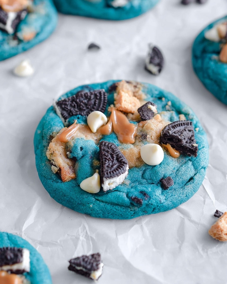 The image shows a close-up of a single thick cookie with a bright blue dough base that looks soft and slightly bumpy. On top of the blue cookie dough, there are several scattered toppings: small chunks of light brown cookie pieces, white chocolate chips, milk chocolate chips, and broken bits of black and white sandwich cookies. The texture of the cookie looks chewy with smooth, shiny surfaces in some parts and rough, crumbly bits on the cookie pieces. The cookie sits on crumpled white parchment paper, which rests on a white marbled surface. There are parts of other similar blue cookies visible in the background. Photo taken with an iphone --ar 4:5 --v 7