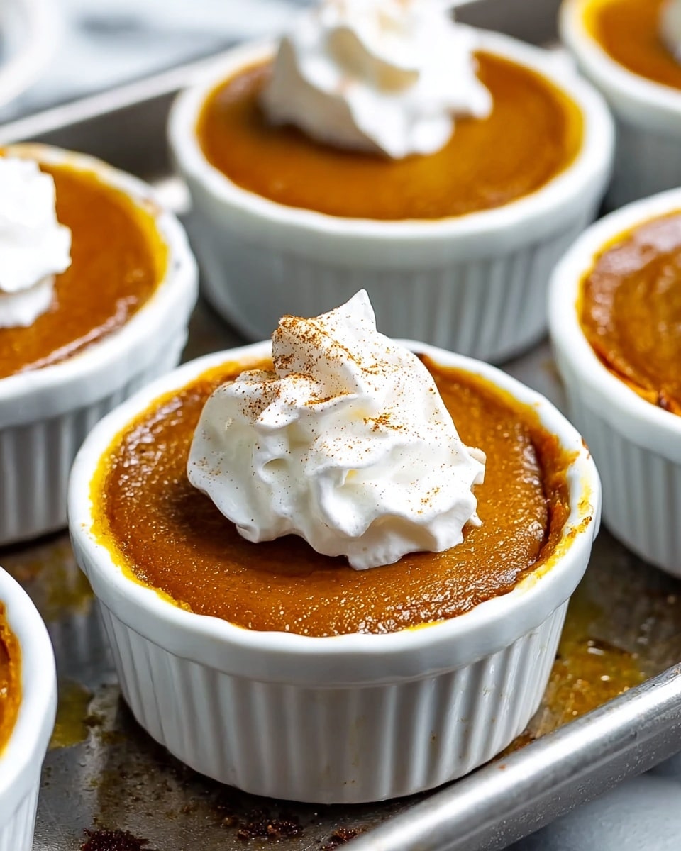 A close-up view of small white ramekins filled with smooth, glossy, deep orange pumpkin pie filling. Each ramekin holds one layer of rich pumpkin custard topped with a swirl of bright white whipped cream with a light dusting of brown spice on top. The filling is slightly firm with a shiny surface and some slight cracks near the edges. The ramekins sit inside a metal baking tray with some spill marks visible. The whole scene is on a white marbled textured surface. photo taken with an iphone --ar 4:5 --v 7