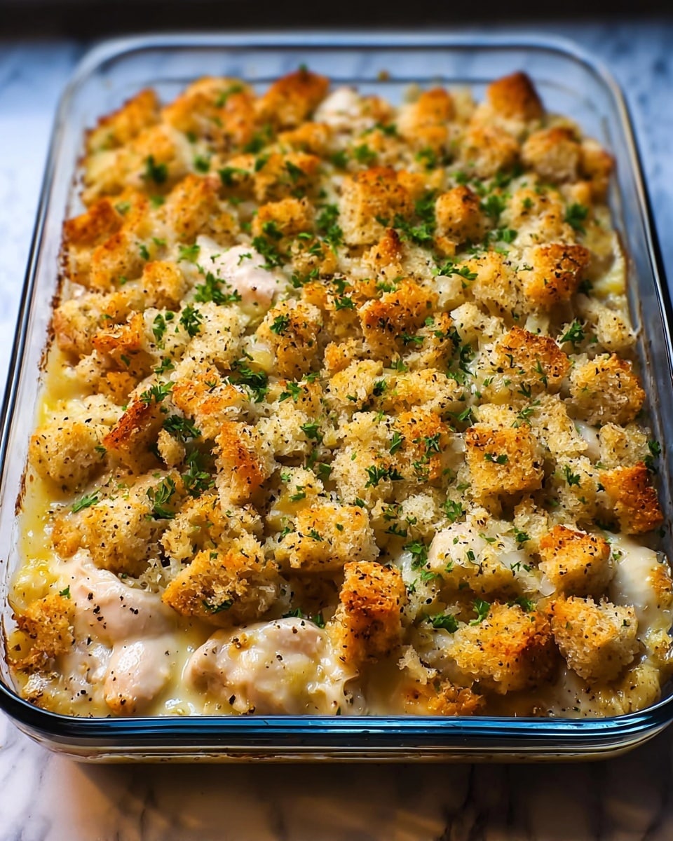 A close-up image of a baked casserole dish in a clear glass baking tray, showing multiple layers. The bottom layer appears to be pieces of white chicken, topped by a creamy, slightly yellow cheese or sauce that covers the chicken unevenly. The top layer consists of golden brown, crunchy bread crumbs, sprinkled with fresh green herbs, likely parsley, adding spots of bright green. The bread crumbs have a toasted texture with flecks of black pepper visible. The whole dish is set against a white marbled surface, and the overall look is warm and appetizing. Photo taken with an iphone --ar 4:5 --v 7