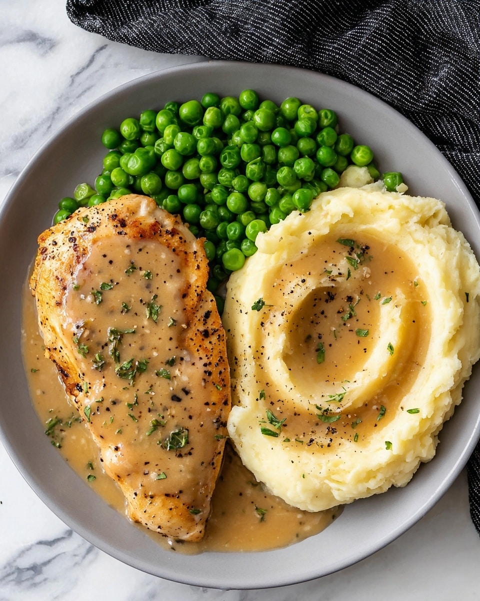 A white plate with three main parts: on the left is a golden brown cooked chicken breast covered with light brown gravy and scattered small green herb pieces; on the top left are bright green peas piled close together; on the right is a smooth swirl of creamy, pale yellow mashed potatoes with gravy pooled in the center and sprinkled with black pepper and small green herbs. The plate sits on a white marbled surface with part of a dark gray and white striped cloth visible at the top. photo taken with an iphone --ar 4:5 --v 7
