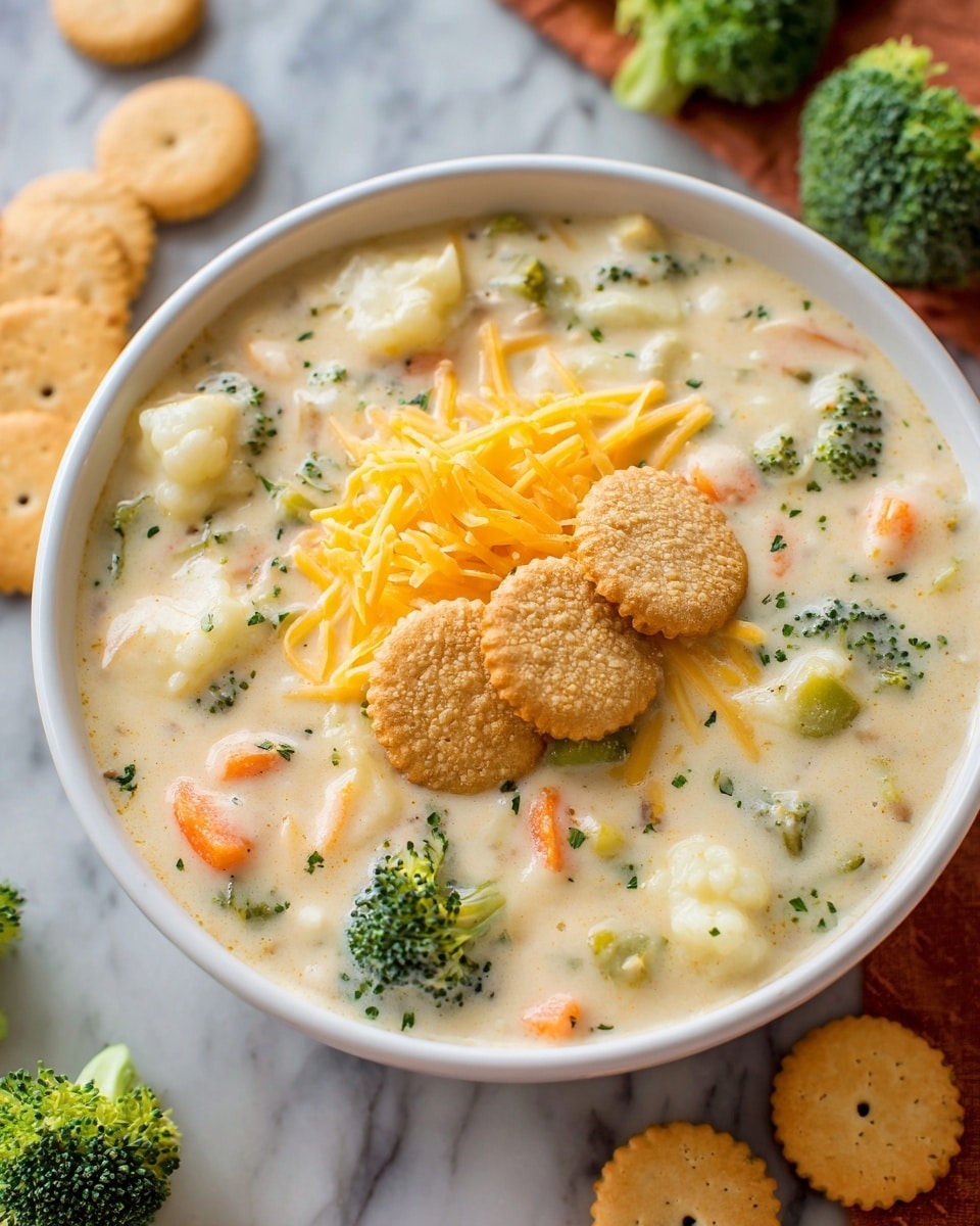 A white bowl filled with creamy vegetable soup sits on a white marbled surface, showing a rich, thick base with visible pieces of green broccoli, orange carrot slices, and white cauliflower throughout. On top, there is a layer of shredded yellow cheddar cheese spread in the center, with a circle of five small, round oyster crackers with a golden-brown top resting on the cheese. Around the bowl, a few loose crackers and broccoli florets create a natural kitchen feel. The photo is bright and clear, taken from a slightly overhead angle showcasing all the textures and colors well. Photo taken with an iphone --ar 4:5 --v 7