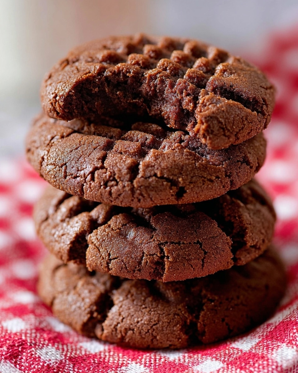 A close-up image shows a stack of four thick chocolate cookies with a soft and slightly crumbly texture. The cookies are dark brown with visible cracks and indentations on their tops, each cookie marked by a rough, crisscross pattern, indicating they were pressed with a fork before baking. The cookie on top is slightly broken at the edge, revealing a moist inside. They rest on a red and white checkered cloth with blurred white marbled texture in the background. photo taken with an iphone --ar 4:5 --v 7