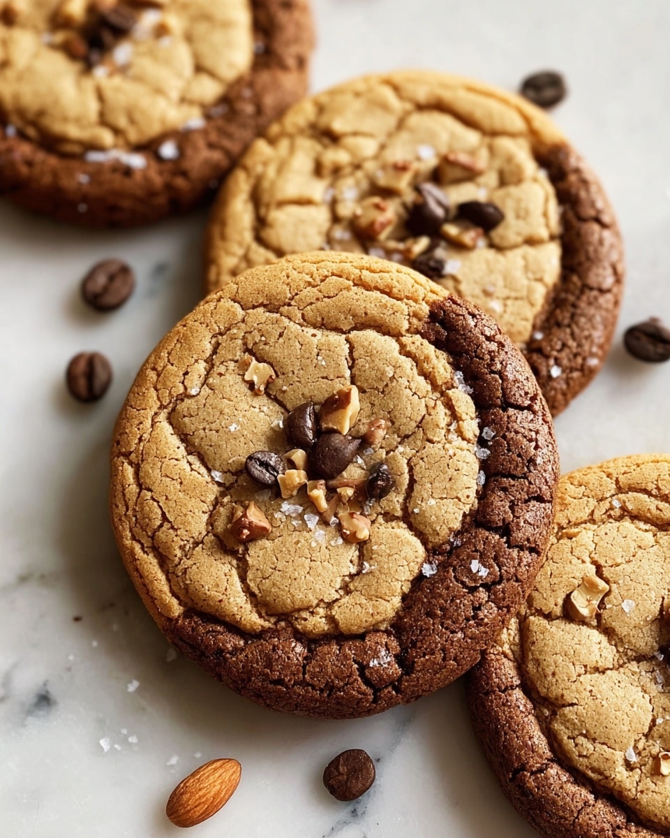 The image shows a close-up of four large cookies on a white marbled surface, arranged in a slightly uneven pattern with one cookie in front and the others behind. Each cookie has two visible layers: a darker brown, slightly crisp bottom layer and a lighter golden-brown, cracked top layer with a rough, textured surface. Small dark chocolate chips, coffee beans, and pieces of nuts are scattered on the top layer of the cookies, adding texture and color contrast. Around the cookies on the surface, there are a few loose coffee beans and nut pieces. The photo has a warm, homemade feel with natural light highlighting the crisp edges and soft centers of the cookies. photo taken with an iphone --ar 4:5 --v 7