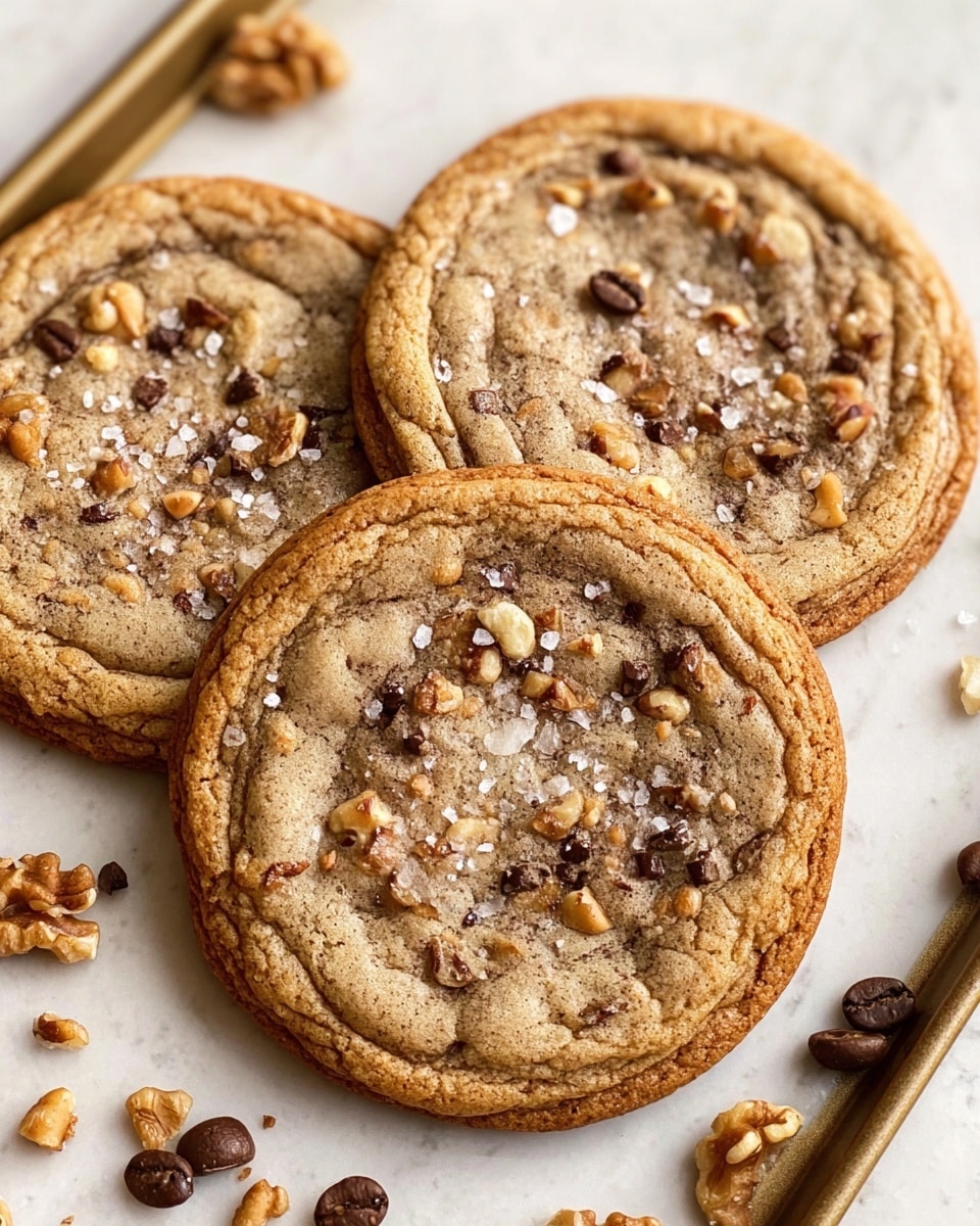 Three large, round cookies with a slightly cracked surface and golden brown edges are placed closely together on a baking tray. Each cookie has a light brown top layer speckled with small bits of nuts and dark chocolate chips, with a few flakes of coarse salt scattered on top. The cookies have a soft and chewy texture with a slightly crisp border. Around the cookies, there are some whole coffee beans and pieces of walnuts on a white marbled texture surface. Photo taken with an iphone --ar 4:5 --v 7