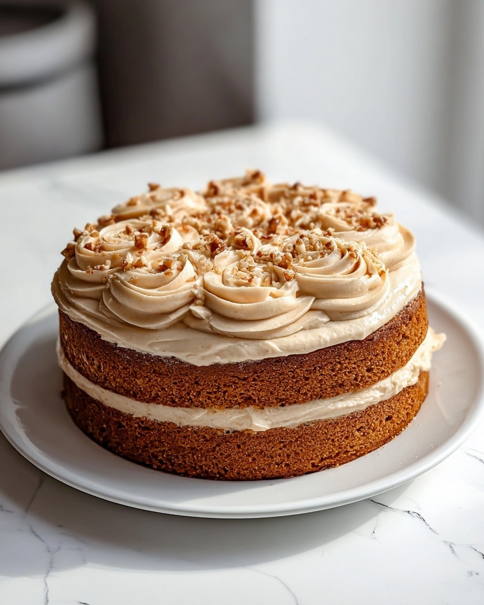 A two-layer brown cake rests on a white plate, each layer separated by a smooth layer of light beige frosting. The top is covered with a thick swirl of the same beige frosting, decorated with small pieces of chopped nuts scattered across the surface, giving a textured look. The cake has a moist, slightly crumbly texture, and the frosting looks creamy and soft. The whole scene is set against a white marbled surface with natural light coming from a nearby window. photo taken with an iphone --ar 4:5 --v 7
