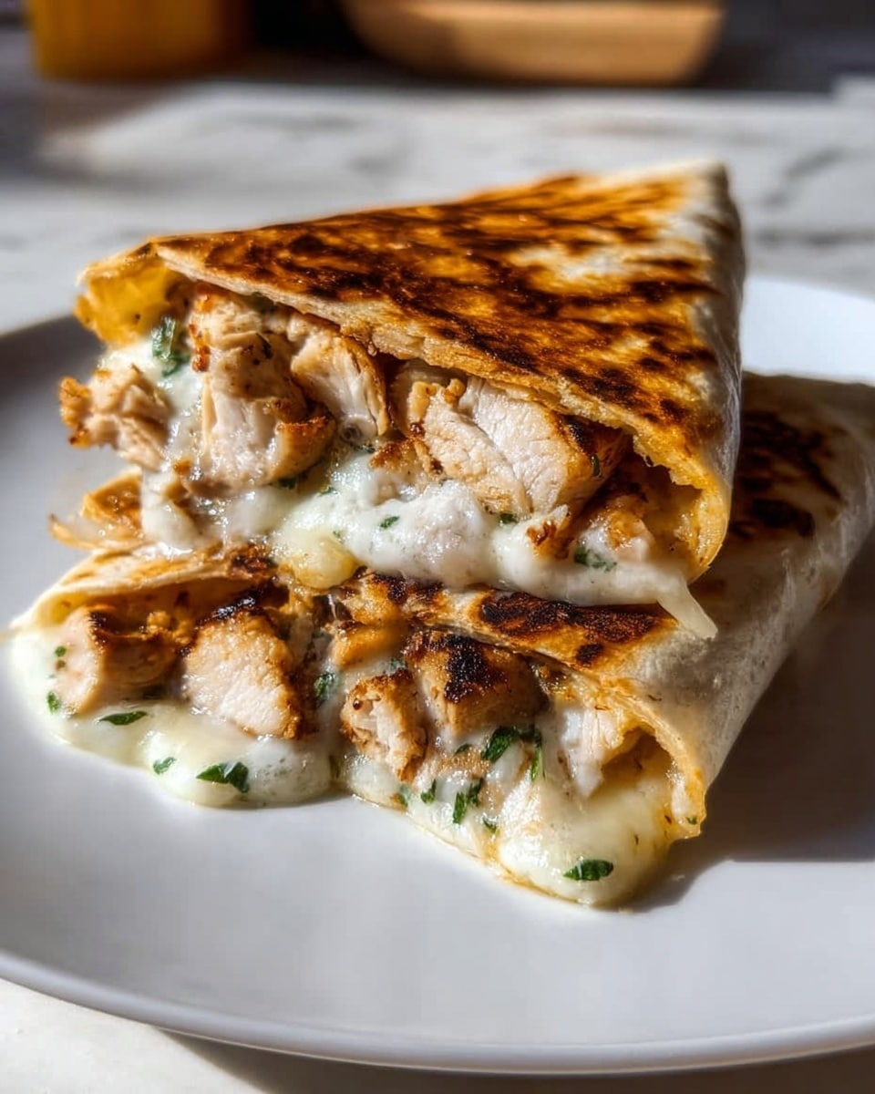 A toasted folded tortilla wrap cut in half, showing three layers inside: the outer golden-brown crispy tortilla with char marks, inside juicy grilled chicken pieces with a slightly charred texture and herbs sprinkled, and melted white cheese oozing out with a smooth and stretchy texture. The wrap halves rest on a white plate placed on a white marbled surface, with soft natural light highlighting the warm colors of the food. Photo taken with an iphone --ar 4:5 --v 7