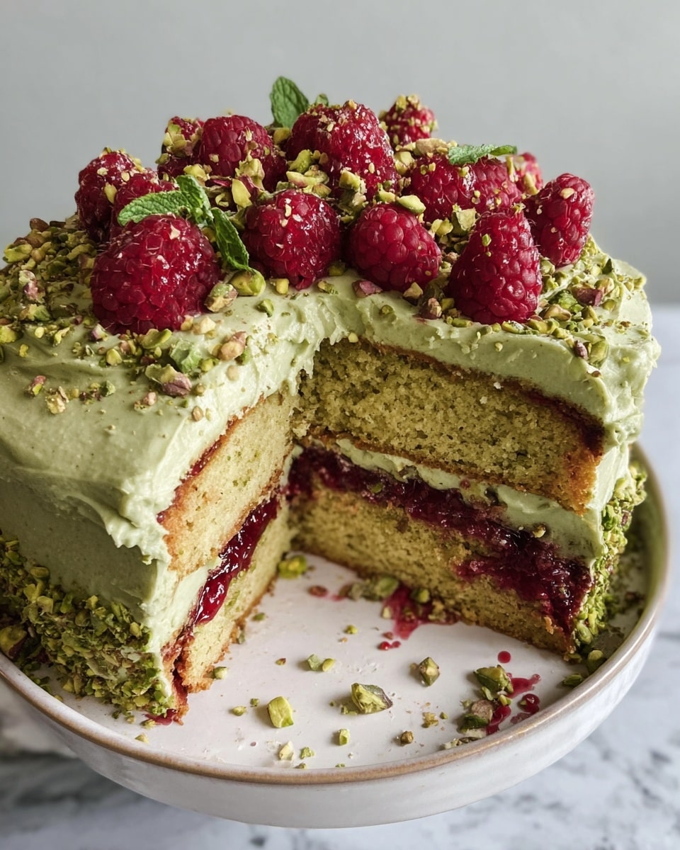 A two-layer green pistachio cake sits on a white plate on a white marbled surface, with the bottom layer showing moist, pale green sponge and a middle layer of dark red raspberry jam mixed with creamy, light green pistachio frosting. The top layer has thick pistachio frosting spread unevenly, topped with whole fresh raspberries, crushed pistachios, and small mint leaves scattered across the surface. Some raspberry jam and crushed pistachios have spilled onto the plate, adding a casual touch. Photo taken with an iphone --ar 4:5 --v 7
