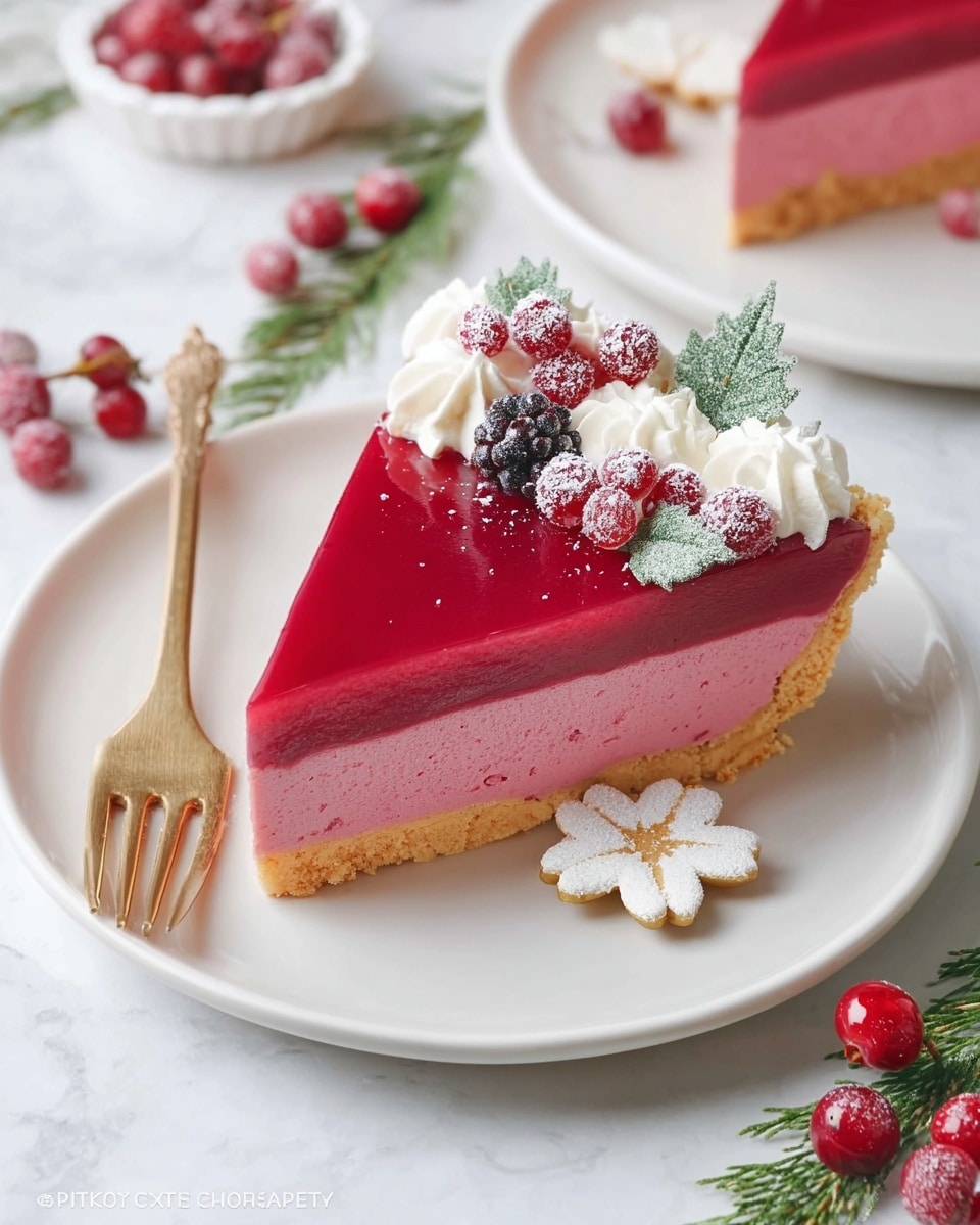 A slice of pie with three layers is placed on a white plate on a white marbled surface. The bottom layer is a pale tan crust, thick and crumbly, supporting a thick middle layer of smooth, bright pink filling. The top layer is a glossy, deeper pink jelly-like surface. On top of the slice, there is a small swirl of white cream near the wider edge, decorated with tiny white flower shapes, a bunch of small red berries, a sugared green leaf, and a dark berry dusted with sugar. A golden fork with a small white flower shape beside it lies beside the slice on the plate. Some red berries and sprigs of green leaves scatter around the plate on the white marbled background. Photo taken with an iphone --ar 4:5 --v 7