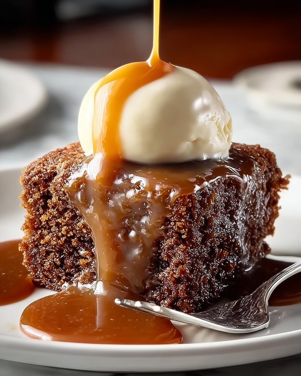 A moist, dark brown cake slice with a rough and crumbly texture sits on a white plate, covered in thick, glossy caramel sauce that drips down the sides and pools around the base. On top of the cake is a smooth, round scoop of light cream-colored ice cream with caramel sauce slowly dripping down its sides. A shiny silver fork rests beside the cake on the plate. The setting features a white marbled surface in soft focus in the background. photo taken with an iphone --ar 4:5 --v 7
