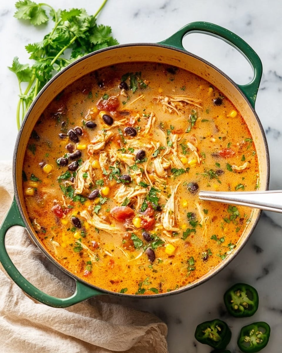 A round green pot filled with creamy orange chicken soup, showing visible strands of shredded chicken, black beans, corn kernels, and diced tomatoes mixed throughout. The soup is dotted with fresh green herbs and spices, which add texture and color contrast to the smooth broth. A silver ladle rests inside the pot on the right side, partially submerged, with the handle extending outwards. The pot sits on a white marbled surface with a light beige cloth and fresh green cilantro and sliced green chili peppers placed casually in the background. Photo taken with an iphone --ar 4:5 --v 7