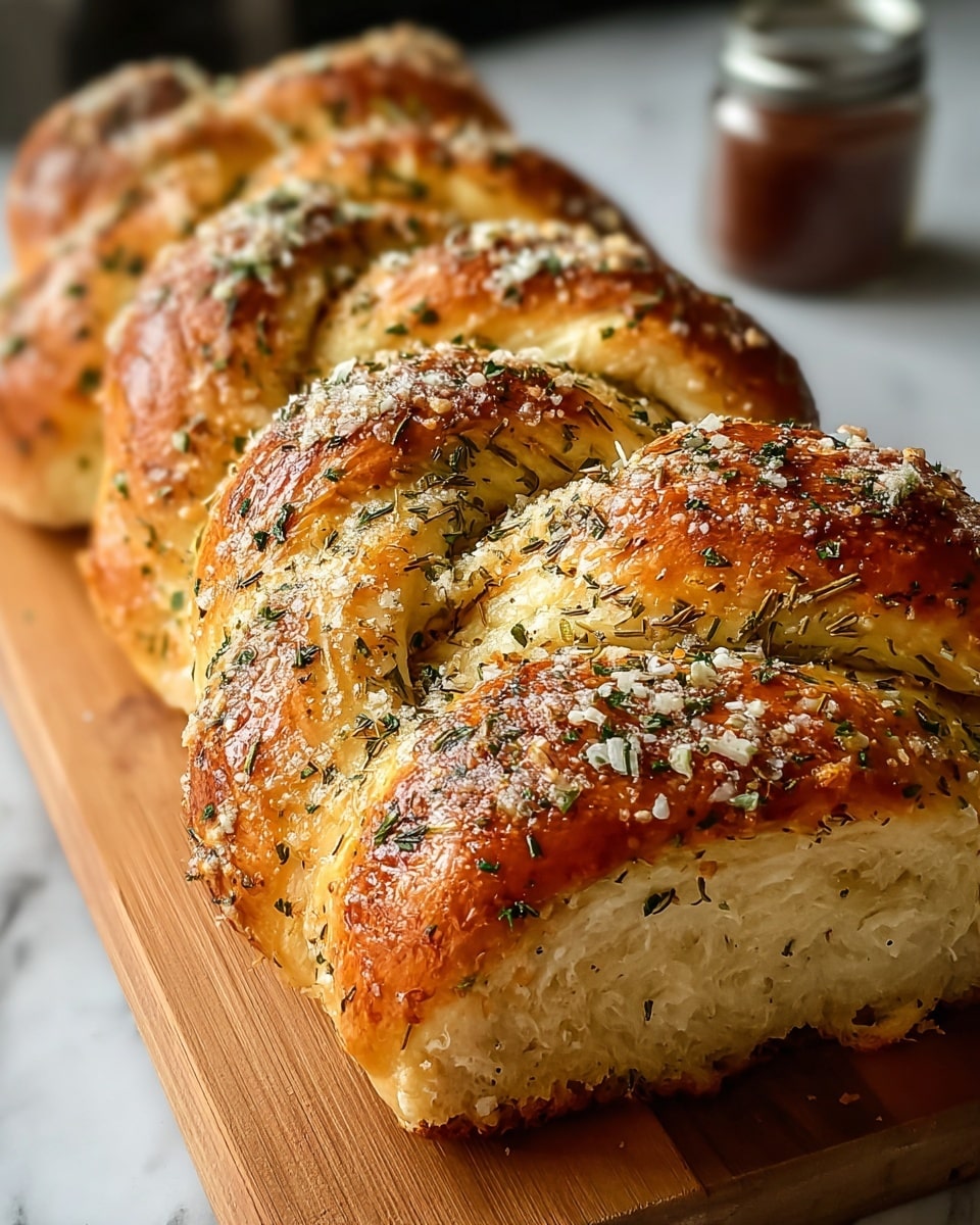 The image shows three golden brown braided bread loaves resting on a wooden board, each loaf with three thick layers of dough braided together. The top surface of the bread is sprinkled with coarse salt and green herbs like parsley and rosemary, creating a rough texture and a fresh look. The bread crust shines with a slightly crispy and flaky texture, while the inner parts look soft and fluffy with a light white color. The background is a white marbled texture with a blurred small jar in the distance. Photo taken with an iphone --ar 4:5 --v 7