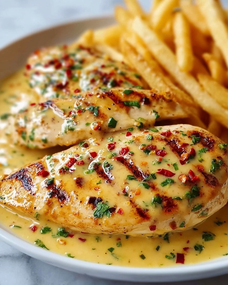 A white plate holds two grilled chicken breasts that are golden-brown with a slightly charred texture on top, covered in a creamy pale yellow sauce with red chili flakes and chopped green herbs sprinkled all over and around them. Behind the chicken, there is a thick layer of golden French fries with a crisp texture. The food is placed on a white marbled surface. photo taken with an iphone --ar 4:5 --v 7