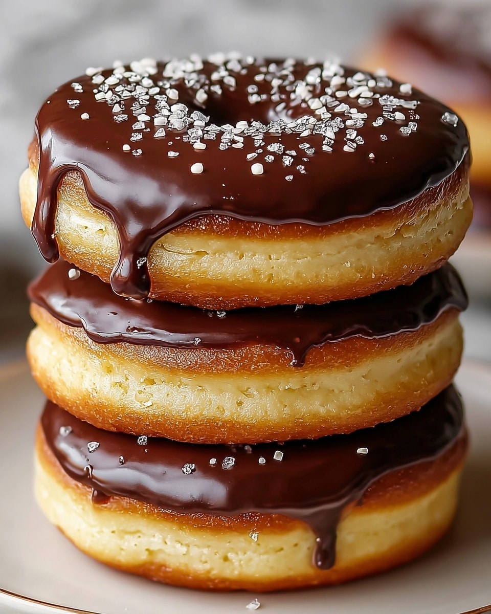 A stack of three thick, round donuts with a golden-brown fried edge and soft, light-yellow inner layers, each separated by a glossy, dark chocolate glaze that smoothly drips down the sides. The top donut is fully covered with the shiny chocolate glaze, sprinkled with coarse white sugar crystals scattered unevenly across the surface. The stack sits on a white plate, with a white marbled texture in the background, emphasizing the rich contrast between the warm donut colors and dark chocolate. photo taken with an iphone --ar 4:5 --v 7