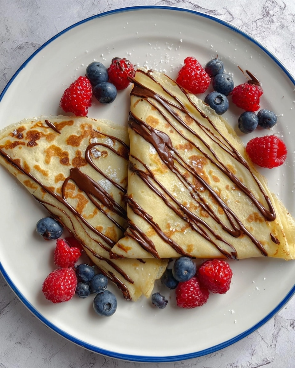 The image shows two crepes folded into triangles and placed side by side on a white plate with a blue rim. The crepes are light golden brown with some darker spots, indicating a soft and thin texture. Each crepe is drizzled with smooth, glossy chocolate sauce in thin lines spread across the surface. On top of and around the crepes are small clusters of fresh raspberries and blueberries, providing bright red and deep blue colors that contrast nicely with the pale crepes. The plate sits on a white marbled textured surface. Photo taken with an iphone --ar 4:5 --v 7