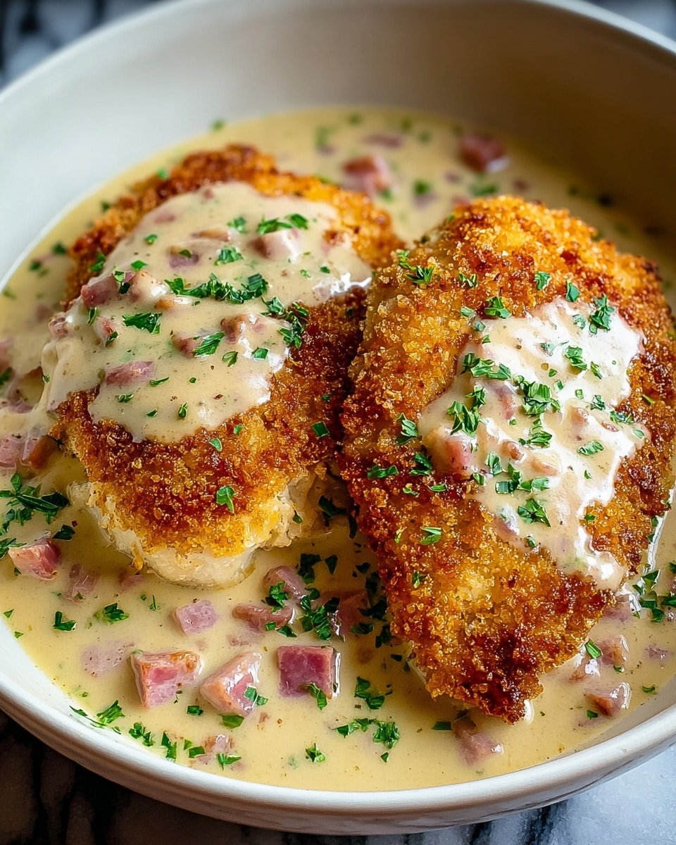 Three crispy golden-brown chicken patties sit close together on a white marbled surface. Each patty is thick and breaded with a crunchy texture. The front patty is cut open, showing creamy white sauce mixed with chunks of red bacon inside. A creamy beige sauce is poured generously over the top of all three patties, dripping down the sides, and is sprinkled with bright green chopped herbs. The contrast of the rich sauce and crispy outside gives a warm and inviting look. photo taken with an iphone --ar 4:5 --v 7