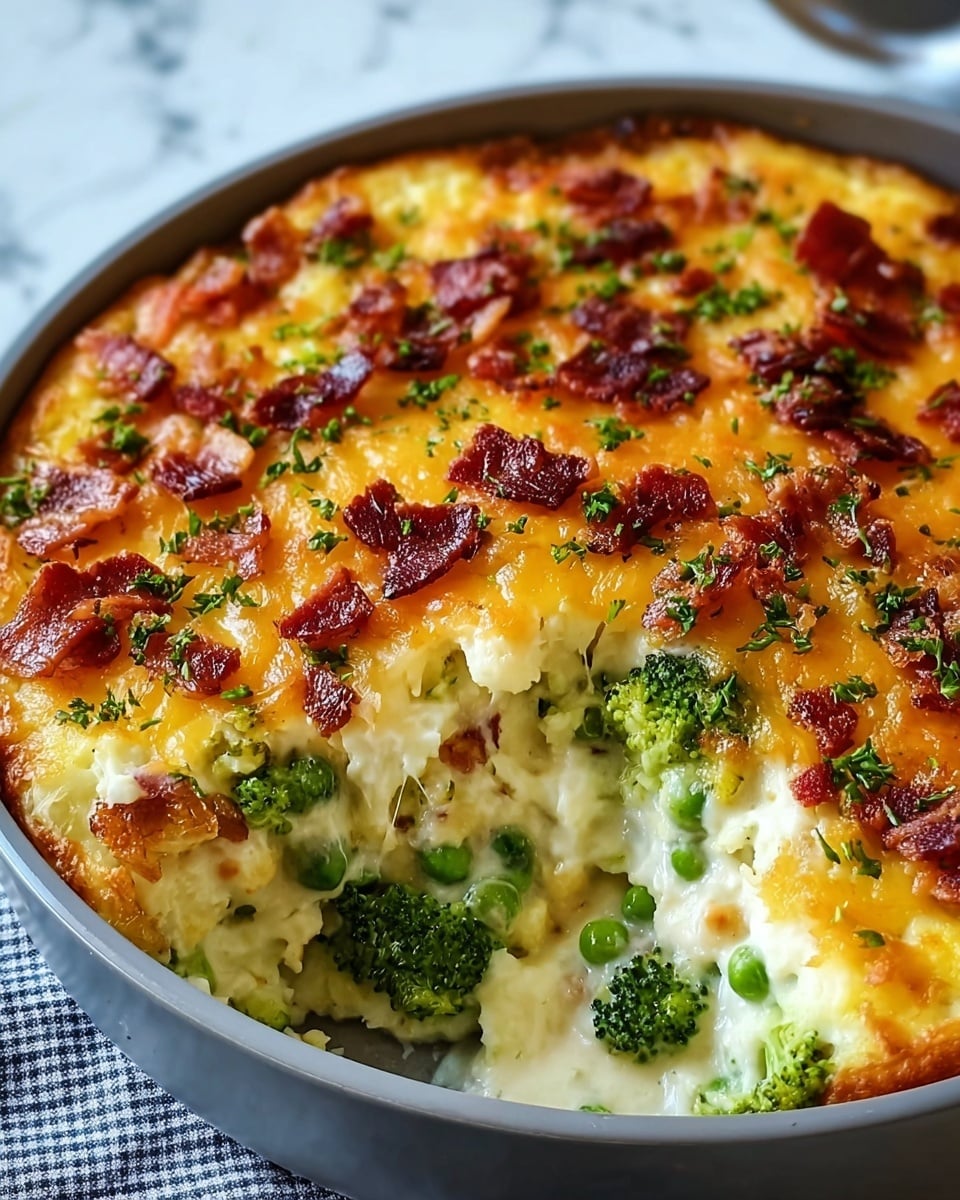 A round dish of casserole with three visible layers: the top layer is golden yellow melted cheese with small crispy dark red bacon bits and green herbs sprinkled, the middle layer is creamy and white with cheese strands stretching out, and the bottom layer shows bright green broccoli florets and peas mixed in pale creamy sauce. The dish is in a gray pan sitting on a white marbled surface. A piece of casserole is scooped out revealing the inside layers. photo taken with an iphone --ar 4:5 --v 7
