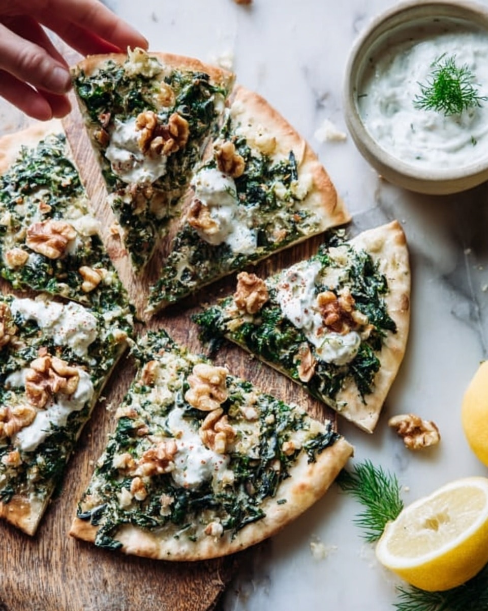 The image shows a flatbread cut into four triangular slices, placed on a white marbled surface. The flatbread has one main layer of light golden crust topped with a thick spread of green spinach mixture that looks creamy and textured. Scattered on top are pieces of light brown walnuts and small white dollops of cream or cheese. Around the flatbread, there is a lemon wedge and a small white bowl filled with a white sauce, decorated with a small green herb piece on top. A woman's hand is reaching from the left side, preparing to pick up one slice. Photo taken with an iphone --ar 4:5 --v 7