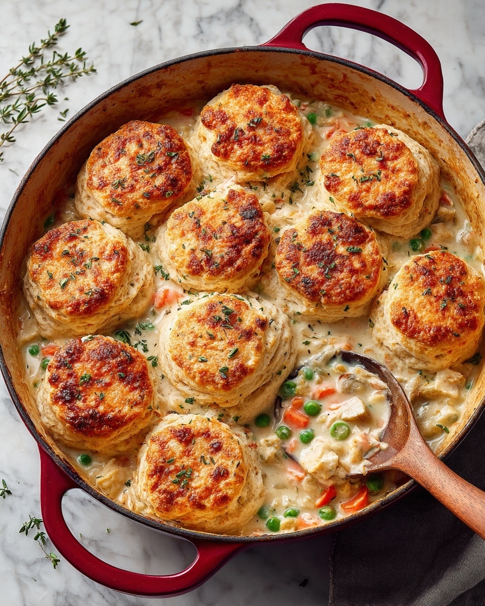 The image shows a round red pot filled with a creamy mixture of diced orange carrots, green peas, and light yellow sauce as the bottom layer. On top, there are nine golden-brown biscuits arranged neatly in a circular pattern, each with a slightly fluffy texture. A wooden spoon is scooping some of the creamy vegetable mixture from under one biscuit, showing the thick and hearty filling beneath the biscuit layer. The pot sits on a white marbled surface. photo taken with an iphone --ar 4:5 --v 7