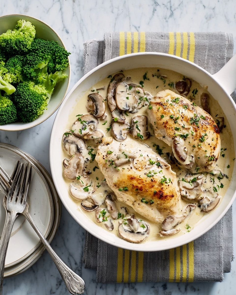 A white skillet holds two cooked chicken breasts with a golden-brown top layer, resting in a creamy, off-white sauce filled with sliced light brown mushrooms and sprinkled with fresh green herbs and black pepper. Next to the skillet, a white bowl contains bright green broccoli florets, and a stack of white plates with two silver forks rests beside it. A gray cloth with yellow stripes is placed on a white marbled surface under the skillet. photo taken with an iphone --ar 4:5 --v 7