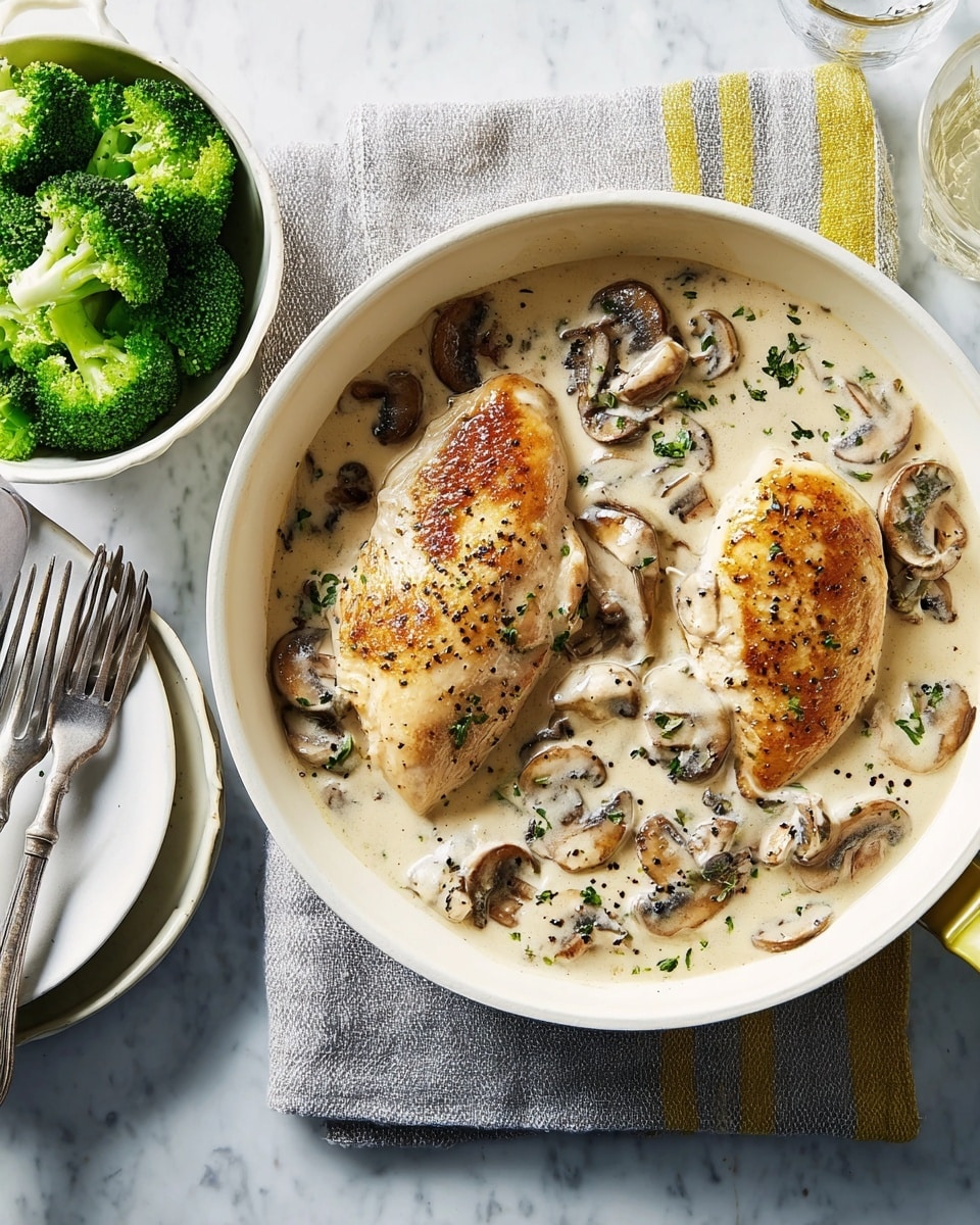 A white pan holds two browned chicken breasts partially submerged in a creamy sauce with sliced brown mushrooms scattered throughout. The sauce has a smooth, thick texture with sprinkled green herbs and black pepper on top, creating a contrast on the light cream surface. To the side is a white bowl filled with vibrant green broccoli florets, giving a fresh color contrast. The setting includes a folded grey cloth with yellow stripes, two forks on a stack of white plates, all placed on a white marbled surface. photo taken with an iphone --ar 4:5 --v 7