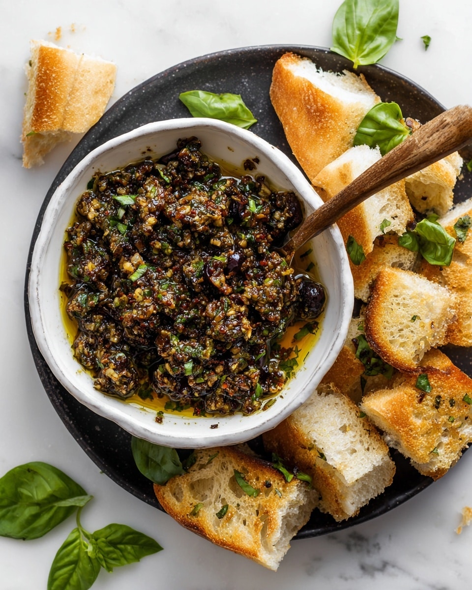 A white shallow bowl filled with a dark green and brown chunky sauce made of chopped herbs and olives mixed in golden olive oil, placed on a round black plate. Pieces of torn crusty bread with a golden brown crust and soft white inside are scattered around the bowl on the plate. Fresh bright green basil leaves are placed near the bread on the white marbled surface. A small wooden spoon rests inside the bowl, partially covered by the sauce, with its handle extending outside the bowl. Photo taken with an iphone --ar 4:5 --v 7