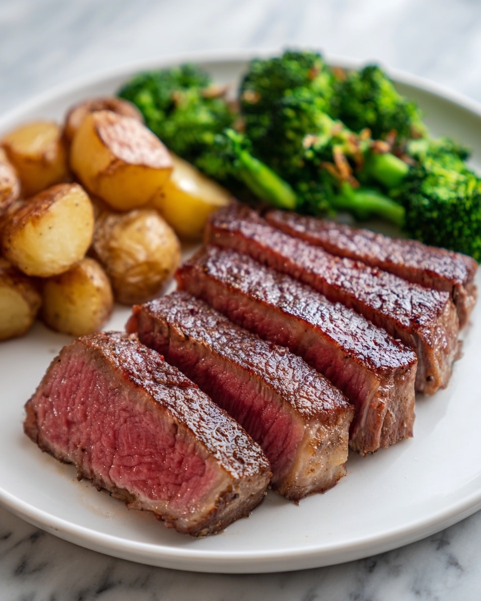 The image shows two thick slices of steak cooked medium rare, placed on a white plate with a slightly raised, patterned edge. The steak has a brown, grilled crust on the outside with visible grill marks and a pink, juicy center. Behind the steak, there is a serving of mashed potatoes mixed with some cooked spinach, adding green and creamy pale yellow color to the background. The plate is set on a white marbled surface, and the photo is clear with natural lighting that highlights the texture and moisture of the meat and the softness of the mashed potatoes. photo taken with an iphone --ar 4:5 --v 7