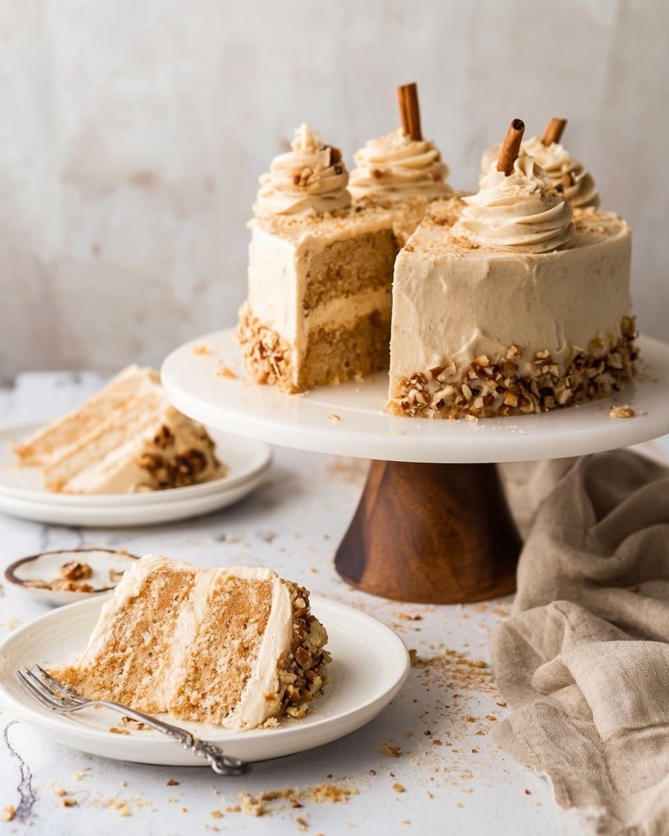 The image shows a round cake with light beige frosting and chopped nuts decorating the bottom edge, placed on a white cake stand with a wooden base on a white marbled surface. The cake has two visible layers inside, separated by a creamy beige filling. Two swirls of frosting topped with cinnamon sticks sit on top of the cake. In the foreground, there is a white plate with a slice of the same cake showing the two cake layers and frosting, with some crumbs around it. Another white plate with a small piece of cake and crumbs is partially visible, along with a fork and a beige cloth napkin nearby. photo taken with an iphone --ar 4:5 --v 7
