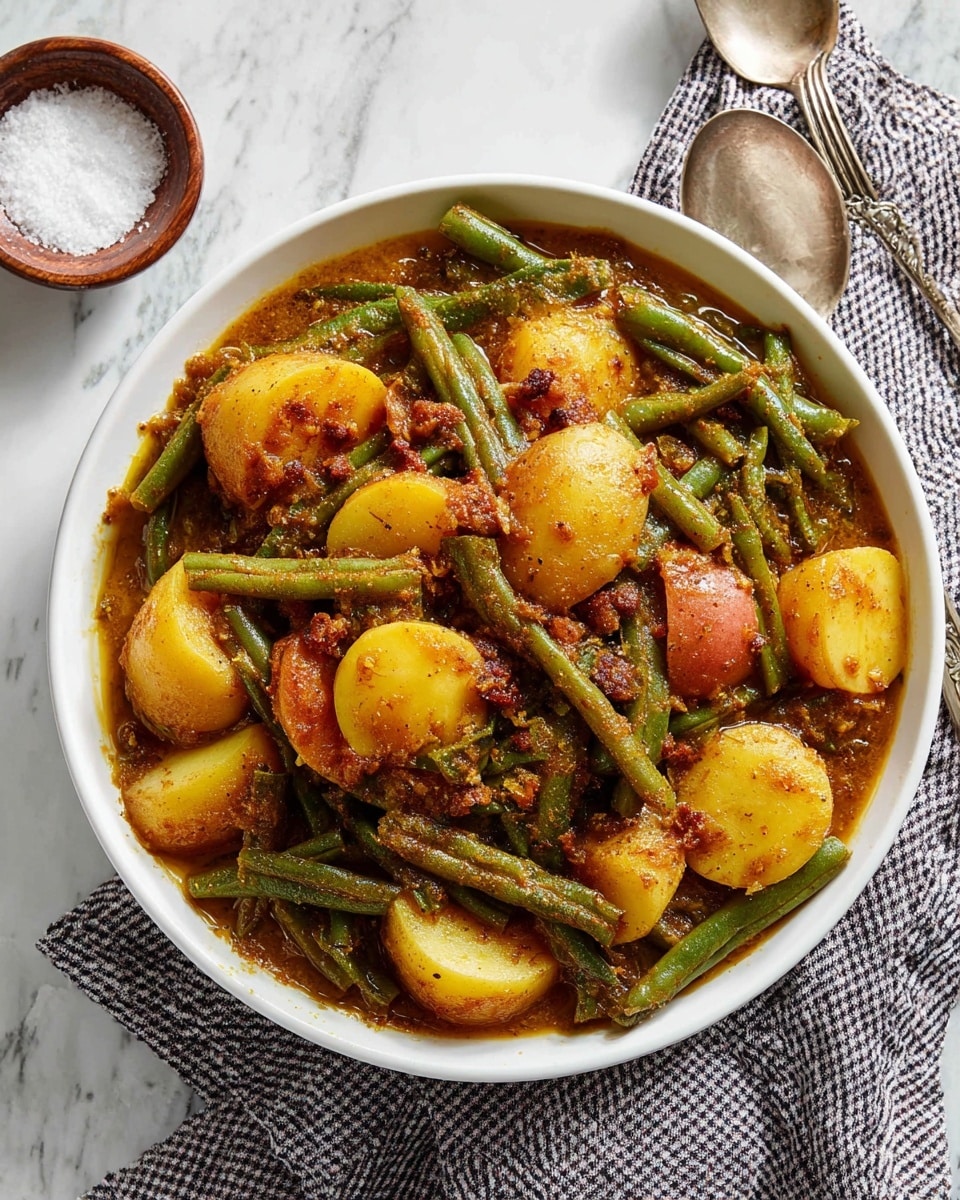 The image shows a close-up of a cooked dish with three main visible layers: bright green long green beans, soft yellow chunks of potato with some brown skin, and pieces of browned sausage or meat mixed in. The dish looks saucy with a slightly oily, textured sauce coating all the ingredients, speckled with black pepper and small bits of seasoning. The green beans lie on top and between the potato chunks and sausage pieces, giving the dish a mix of green, yellow, and reddish-brown colors. The texture ranges from the smooth sauce to the tender potatoes and firmer beans and meat, all blending closely together. Photo taken with an iphone --ar 4:5 --v 7