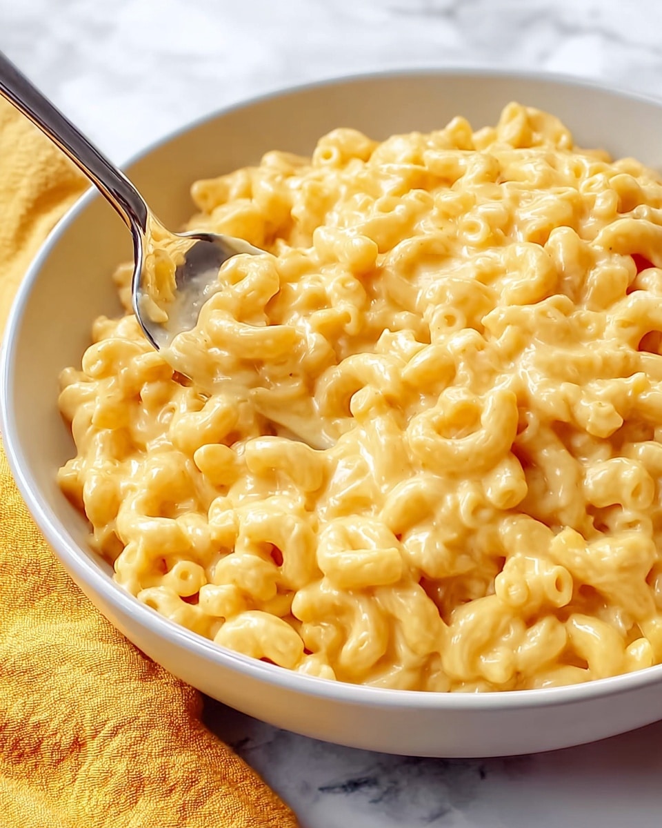 A white bowl filled with creamy mac and cheese, showing one layer of curly elbow macaroni coated thickly in smooth, golden-yellow cheese sauce with a shiny, slightly glossy texture; a metal spoon is scooping some pasta from the bowl, resting on the left side. The background is a white marbled surface with a yellow cloth partially visible on the bottom left corner. photo taken with an iphone --ar 4:5 --v 7