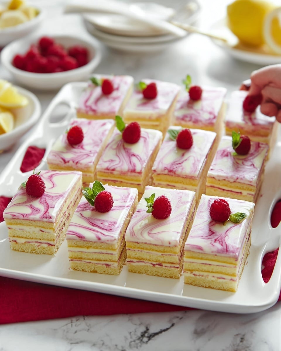 This image shows a white plate filled with rectangular layered cakes, each having multiple thin layers that alternate between pale yellow cake and light pink cream. The top layer is white with pink swirls creating a marbled effect, and each piece is decorated with one bright red raspberry and a small green mint leaf on top. The cakes are neatly arranged in rows, and the white plate with cutout handles is on a red cloth over a white marbled surface. In the background, there are white bowls with lemons and raspberries, and part of a white plate with a white spoon held by a woman's hand. Photo taken with an iphone --ar 4:5 --v 7