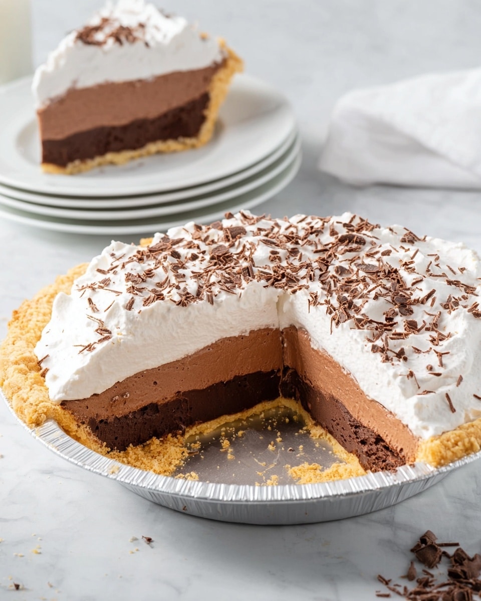 The image shows a three-layer chocolate cream pie on a white marbled surface. The bottom layer is a light golden crust, the middle layer is a thick dark chocolate layer with a smooth texture, and the top layer is a lighter brown chocolate mousse. The pie is topped with a thick, fluffy white whipped cream layer sprinkled with small chocolate shavings. A slice has been cut out and is placed on top of a stack of white plates in the background, showing the clear layers inside the pie. The pie is in a silver pie tin, and there are extra chocolate shavings scattered on the surface around it. Photo taken with an iphone --ar 4:5 --v 7