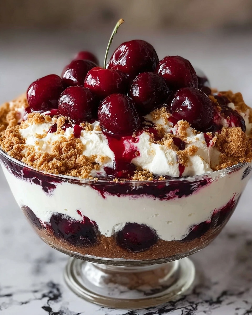 The image shows a glass bowl filled with a layered dessert. The bottom layer is a crumbly brown base, topped with a thick layer of soft white cream. Above the cream is a dark red cherry sauce, partly mixed with the cream. On top is another fluffy white cream layer, decorated with clumps of brown crumbs around the edge. The top is crowned with shiny, whole dark red cherries, some of which have sauce dripping down the sides. The bowl sits on a white marbled surface. photo taken with an iphone --ar 4:5 --v 7