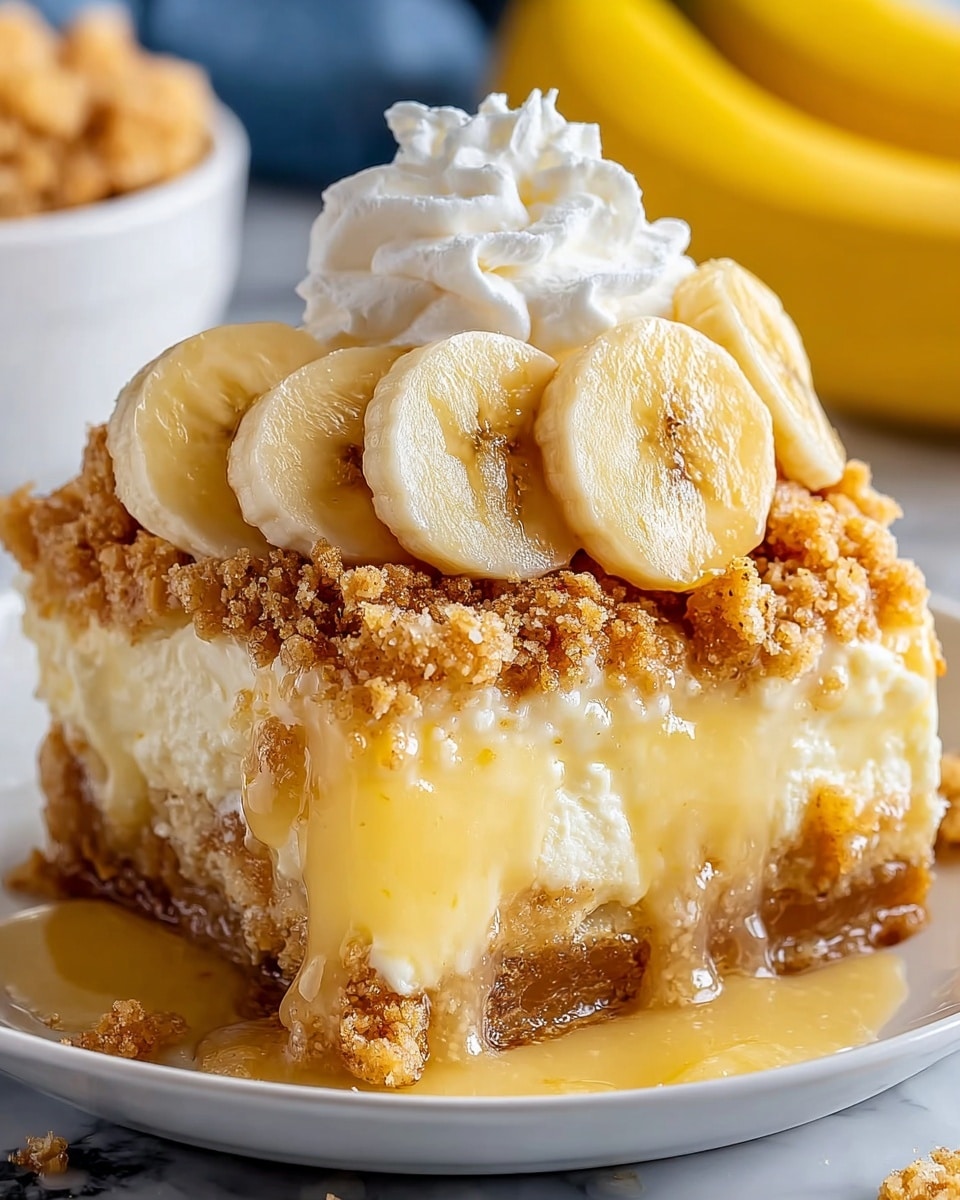A close-up of a slice of banana dessert on a white plate, showing four layers: the bottom layer is a golden crumb crust with a rough texture, above it is a thick, shiny light yellow banana filling dripping slightly on the side, then a crunchy golden brown crumb topping with irregular clusters, and on top there are five round slices of fresh banana placed in a line, followed by a dollop of soft, white whipped cream sitting in the center. The plate is on a white marbled surface with a yellow banana blurred in the background. Photo taken with an iphone --ar 4:5 --v 7