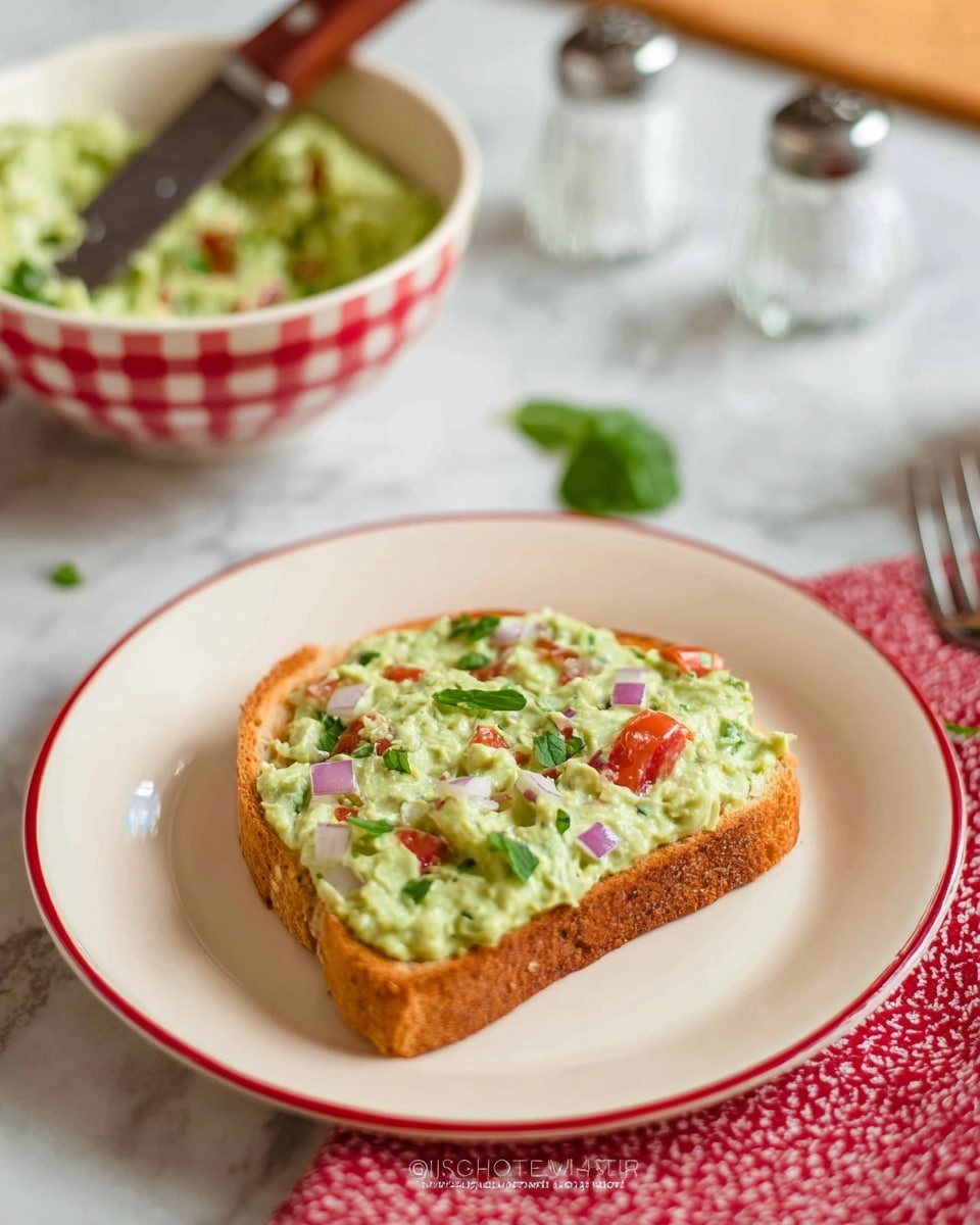 A single slice of toasted bread sits on a white plate with a thin red ring around the edge, topped with a thick layer of creamy green spread mixed with small chunks of red tomatoes, purple onions, and fresh green herbs scattered throughout. In the background, a white bowl with a red checkered pattern holds more of the green spread, with a wooden-handled knife resting inside, and some green leaves slightly blurred behind. To the side, clear glass salt and pepper shakers add a simple touch, while a red and white patterned cloth is partially visible near the plate, all set on a white marbled surface. Photo taken with an iphone --ar 4:5 --v 7