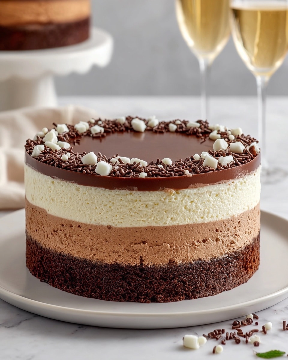 A round five-layer cake sits on a white plate on a white marbled surface. The bottom and third layers are dark chocolate cake with a moist texture. The second layer is light brown chocolate mousse, smooth and creamy. The fourth layer is white cream, fluffy and soft. The top layer is a shiny dark chocolate ganache dripping slightly down the sides of the cake. The top is decorated with white whipped cream swirls and small chocolate pieces scattered over them. A strawberry and a fork are placed near the plate. Photo taken with an iphone --ar 4:5 --v 7