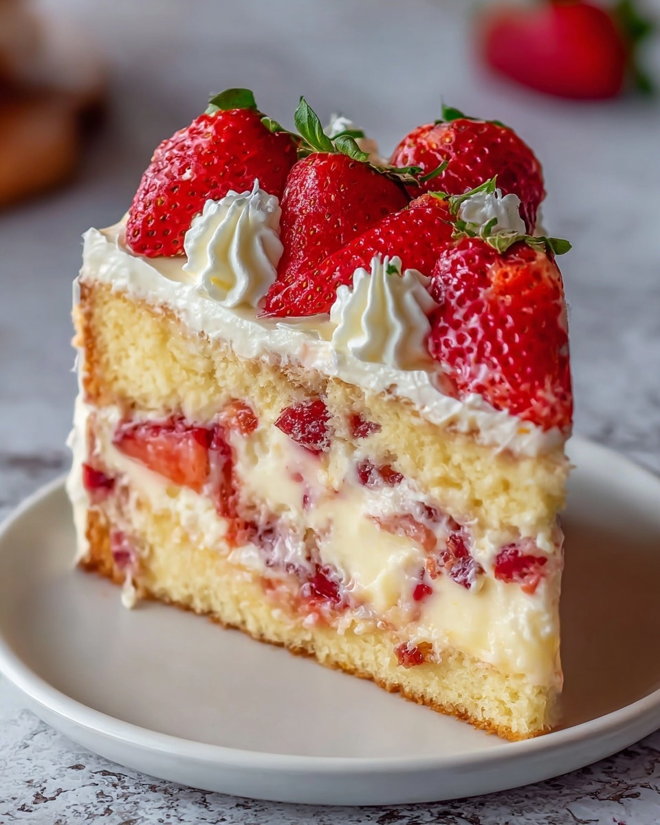 A slice of strawberry cake on a white plate with a white marbled textured surface. The cake has three main layers: a soft, light yellow sponge cake at the bottom, a thick middle layer filled with creamy white custard mixed with small red strawberry pieces, and another sponge cake layer on top. The top is covered with a smooth layer of white cream and decorated with whole bright red strawberries, some sliced, and four small swirls of white whipped cream around the edge. Photo taken with an iphone --ar 4:5 --v 7