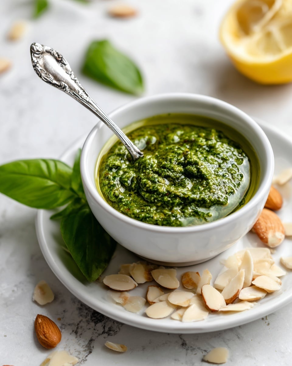 A small white bowl filled with green pesto sauce, showing a coarse texture with visible bits of herbs and nuts, topped with a drizzle of olive oil. A detailed silver spoon is placed inside the bowl, partially covered by the sauce. The bowl sits on a white plate that holds scattered light beige whole and halved peeled almonds. In the background, a fresh green basil leaf and half a lemon with a bright yellow rind and pale yellow flesh are visible, all set on a white marbled textured surface. Photo taken with an iphone --ar 4:5 --v 7