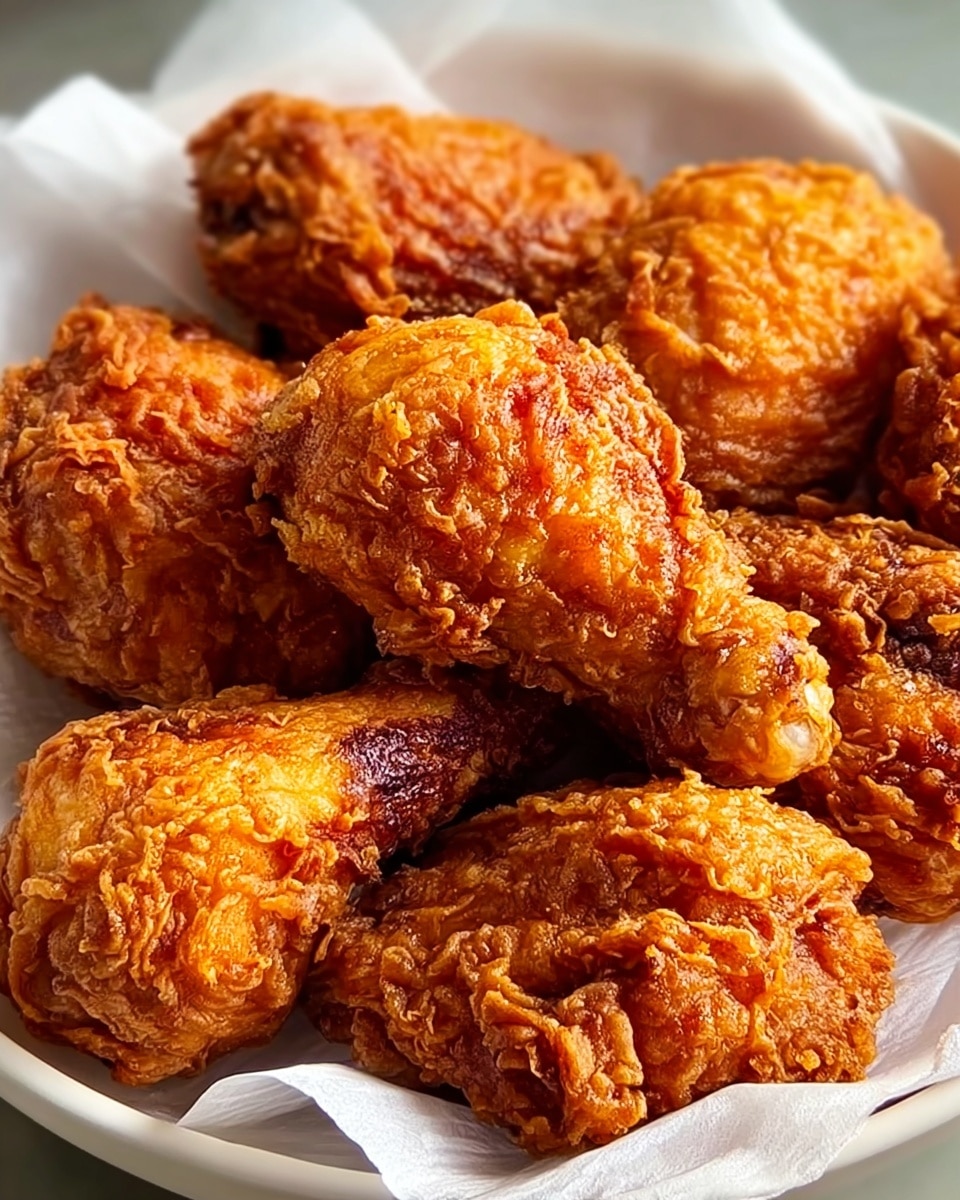 A white plate lined with white parchment paper is filled with several pieces of golden brown fried chicken. The chicken pieces have a crispy, crinkled texture with a shiny, slightly oily surface that shows they are freshly cooked. Each piece has a rich orange-brown color with darker brown areas where the skin is thicker and crispier. The pieces are stacked closely together, showcasing their crunchy layered batter and tender, juicy meat inside. Photo taken with an iphone --ar 4:5 --v 7