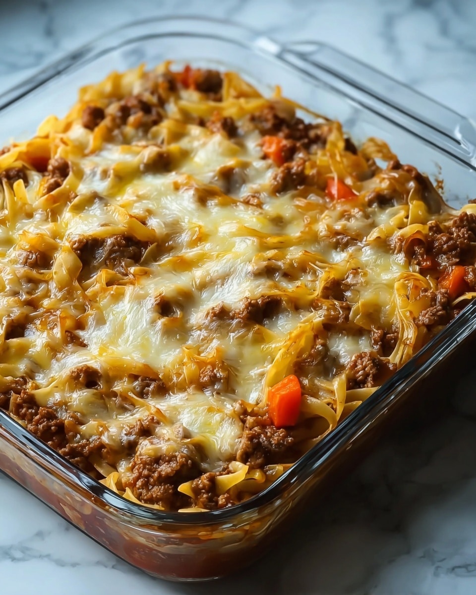 The dish is a baked casserole in a clear glass square dish with visible layers. The bottom layer consists of cooked casserole noodles that look soft and slightly golden at the edges. Above the noodles is a thick layer of browned ground meat mixed with translucent cooked onion pieces. Scattered on top are small chunks of bright orange carrot, adding a pop of color. The entire top layer is covered with melted cheese, showing a mix of light yellow and white colors, with some parts bubbling and slightly browned. The casserole sits on a white marbled surface with a soft, natural light highlighting the textures and colors. photo taken with an iphone --ar 4:5 --v 7