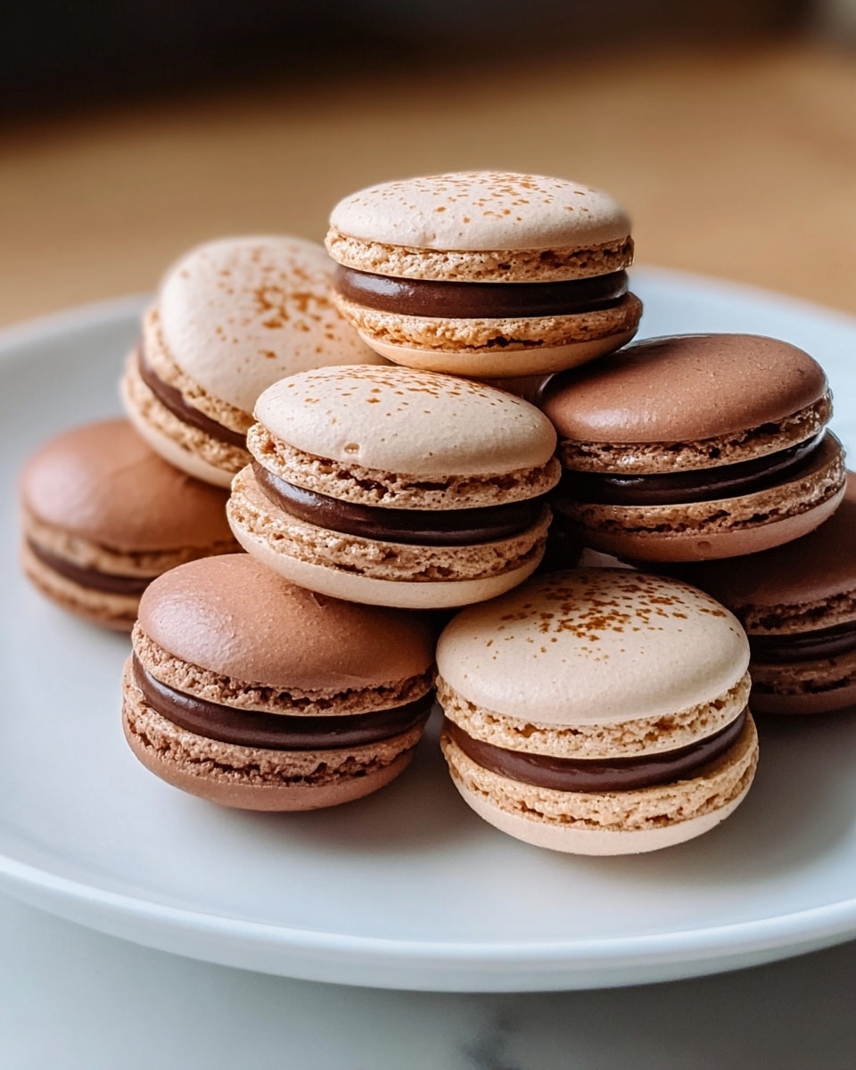 A white plate holds a small pile of seven macarons, stacked casually. Each macaron has two smooth, round shells with a slightly shiny, delicate texture; some shells are light brown while others are darker brown. Between the shells is a thin layer of creamy chocolate filling visible around the edges. The macarons have a gently rough edge where the shells meet the filling. The plate is set on a white marbled surface. photo taken with an iphone --ar 4:5 --v 7