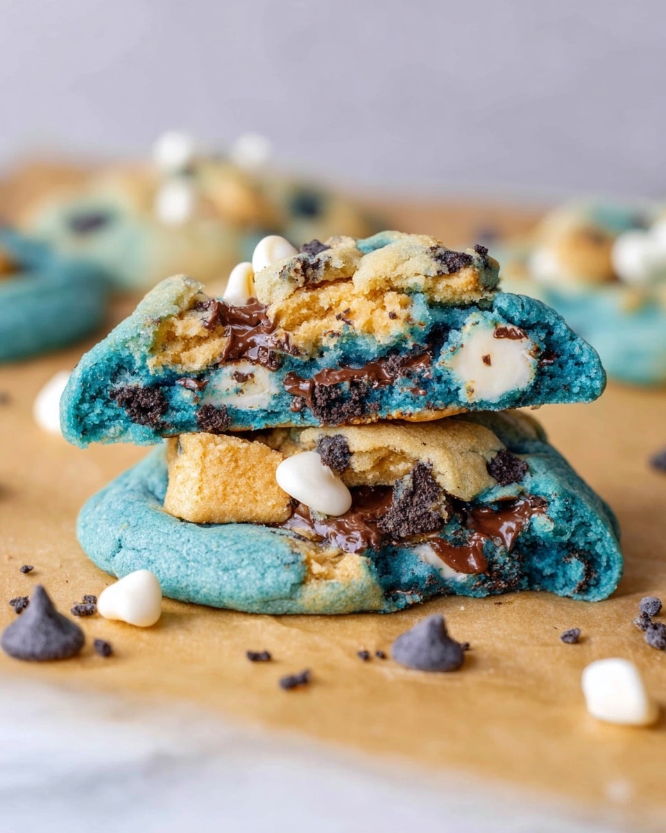 The image shows two thick, soft blue cookies stacked on top of each other on a light brown parchment paper over a white marbled surface. The top cookie is broken in half, revealing a gooey chocolate chip-filled inside with melty brown and white chocolate chips. Both cookies are embedded with chunks of golden brown chocolate chip cookie dough, dark chocolate cookie pieces, and scattered white and dark chocolate chips. The scene is close-up and focused on the layered texture and mix of colors in the cookies. photo taken with an iphone --ar 4:5 --v 7