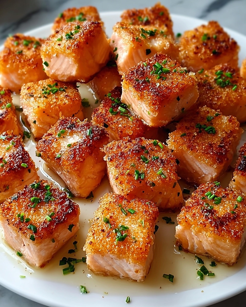 The image shows a white plate filled with many small, square-shaped salmon pieces, each with a golden-brown crispy crust on all sides. The salmon cubes are light pink underneath their browned outer layer, showing a juicy texture. They are garnished with small pieces of green herbs sprinkled evenly on top, with a light drizzle of sauce pooling slightly around the base of the salmon cubes. The background surface is a white marbled texture. photo taken with an iphone --ar 4:5 --v 7